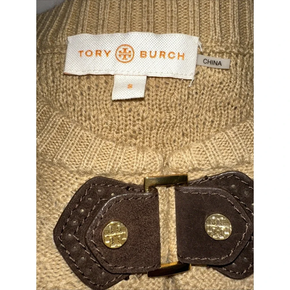 Tory Burch Knit Tunic Sweater Wmns S Tan Wool Alpaca Leather Keyhole Equestrian